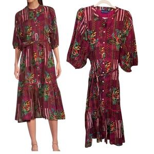 RO'S GARDEN Flirty Dress Campeche Print Purple Belted Midi Size L NWT $220